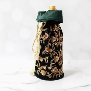 Luxury Handmade Holiday Gift wine bottle bag hunter green gold embellishment